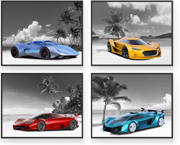 Beach Sport Car Poster, Kids Posters for Boys Room - Set of 4 (8x10in) Sports Car Room Decor, Wall Decor Cars Posters - Sports Theme Bedroom, Boys Room Wall Art Unframed Sports Car Decor Online now - Image 2